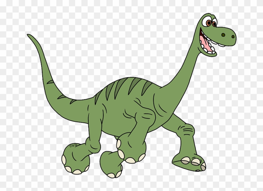 Friendly green cartoon long-necked dinosaur with smiling face and striped back, walking on four legs.