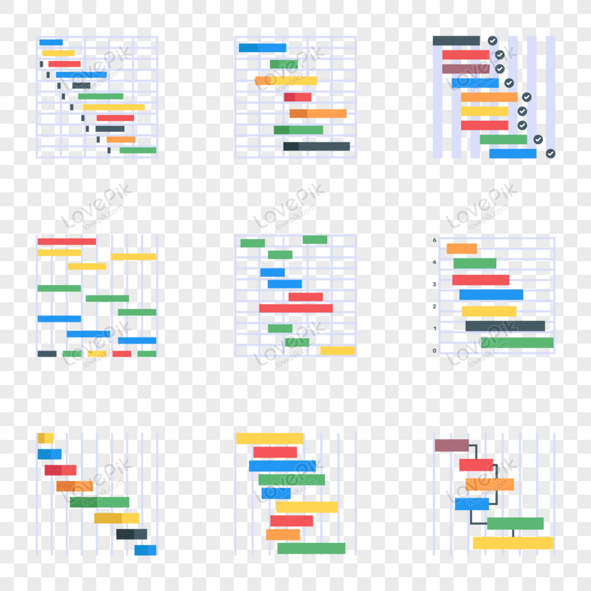 Collection of nine colorful Gantt chart and project timeline visualizations showing task bars, dependencies, progress checks, and stacked layouts.