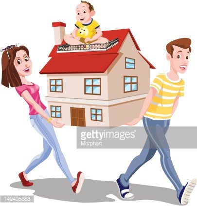 A cartoon family-mother, father, and baby-carry a miniature house together, symbolizing home buying or relocation.