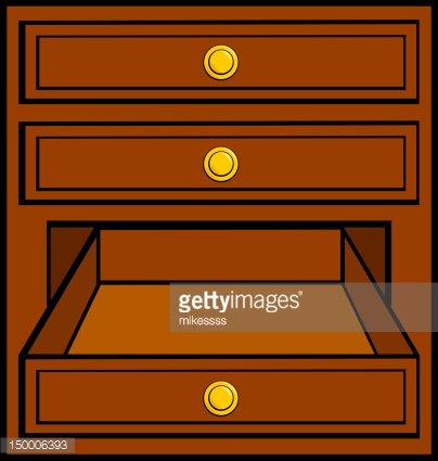 Illustration of a wooden dresser with four drawers, one open to reveal empty interior; gold knobs on each drawer.