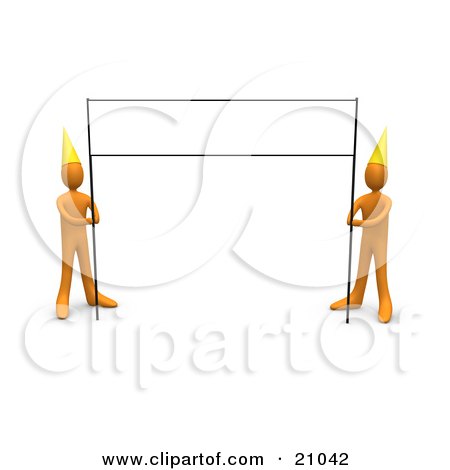 Two orange 3D figures in party hats holding a blank rectangular frame against a white background.
