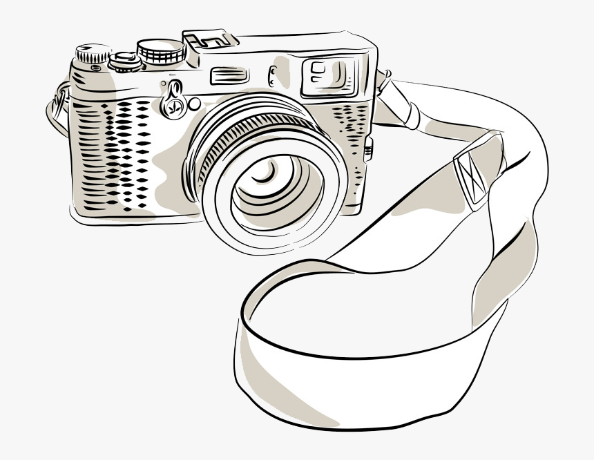 Vintage-style rangefinder camera with textured body and strap, illustrated in monochrome line art with soft shading.