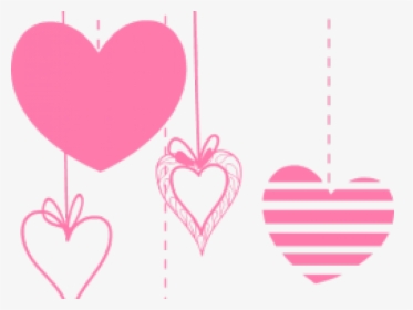 Four decorative pink hearts hanging by strings-solid, outlined, ornate, and striped designs.