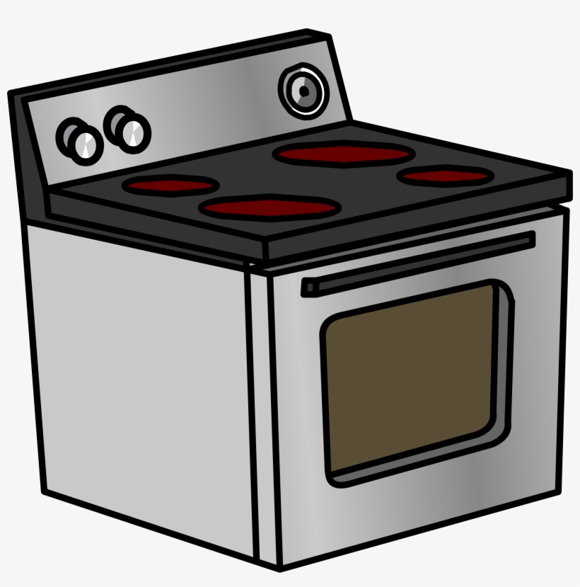 Silver electric range with black cooktop, four red heating elements, and oven window.