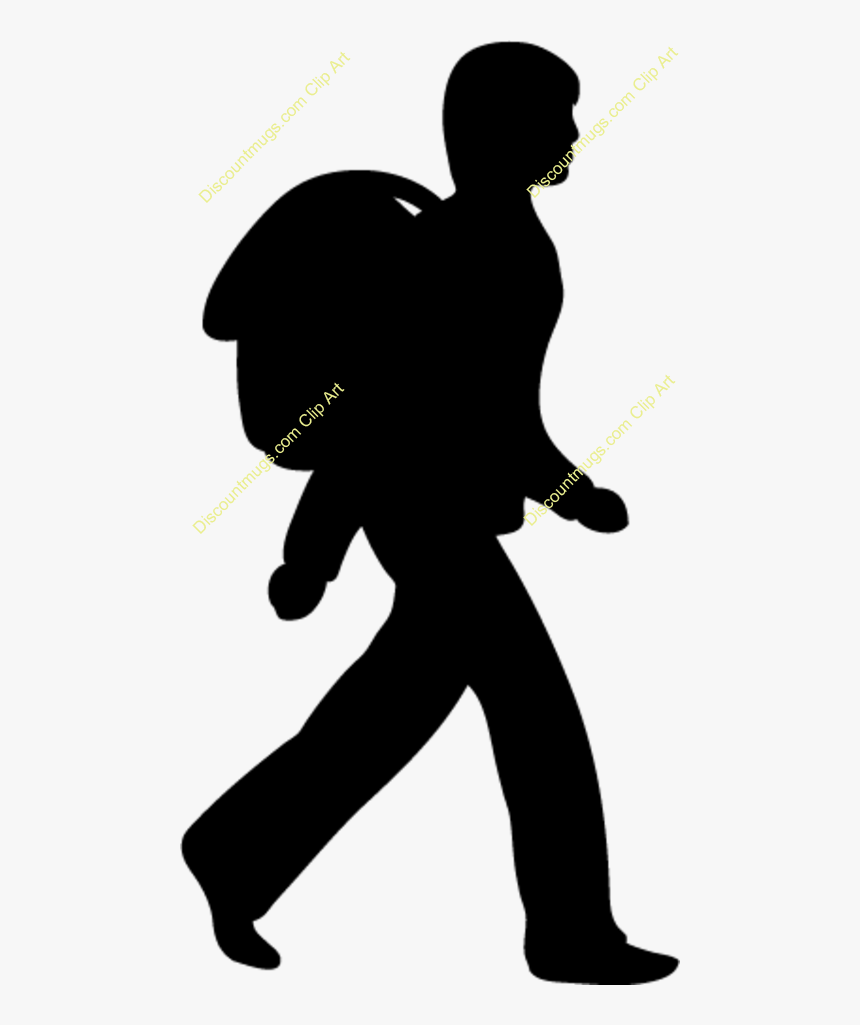Silhouette of a person walking with a backpack, viewed from the side.