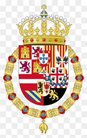 Royal Coat of Arms of Spain, featuring quartered shield with historic kingdoms, crowned and encircled by the Collar of the Order of the Golden Fleece.