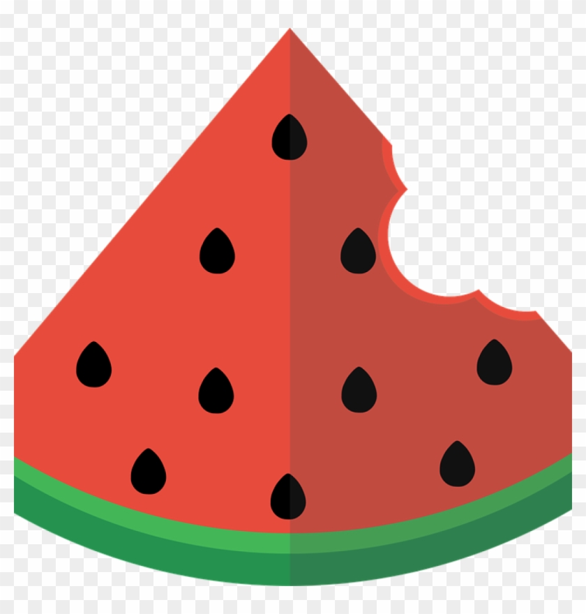 A stylized, bitten slice of watermelon with black seeds and green rind on transparent background.