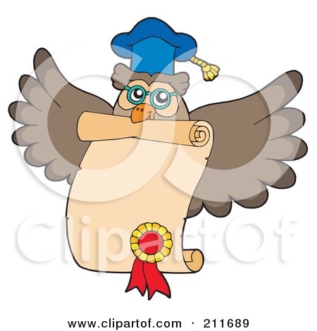 Wise cartoon owl in graduation cap holding diploma scroll with red ribbon and gold seal.
