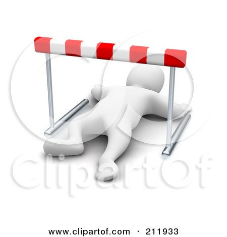 White 3D figure lying defeated under a red-and-white striped hurdle, symbolizing failure or obstacle.