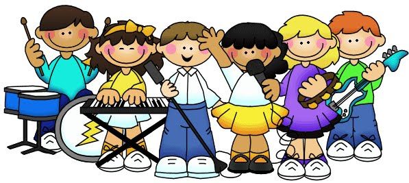 Six diverse cartoon children playing musical instruments together in a joyful band.