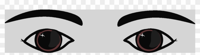 Stylized cartoon eyes with dark irises, red rims, and sparkling highlights beneath bold black eyebrows.