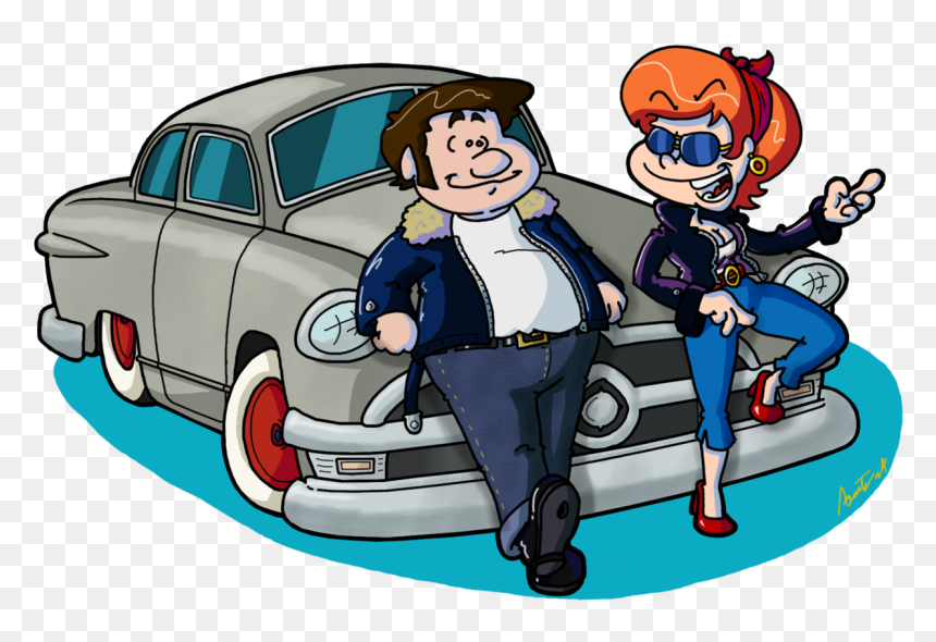 Cartoon couple posing with a vintage 1950s-style car; man in bomber jacket, woman in sunglasses and leather outfit.