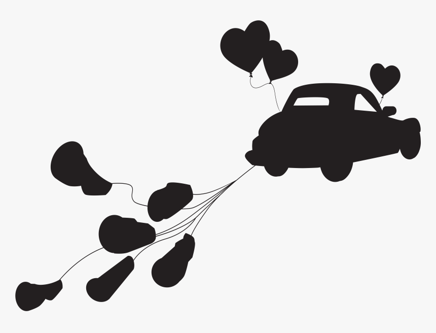 Whimsical Car with Heart Balloons and Flying Shoes - Illustrative Clipart