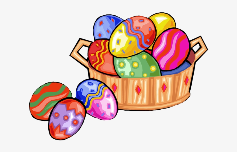 Colorful hand-painted Easter eggs in a woven basket with three scattered nearby.