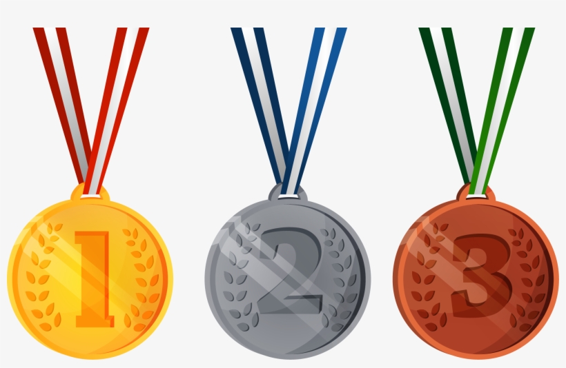 Gold, silver, and bronze medals with numbers 1, 2, and 3, each on colored ribbons (red/white, blue/white, green/white).