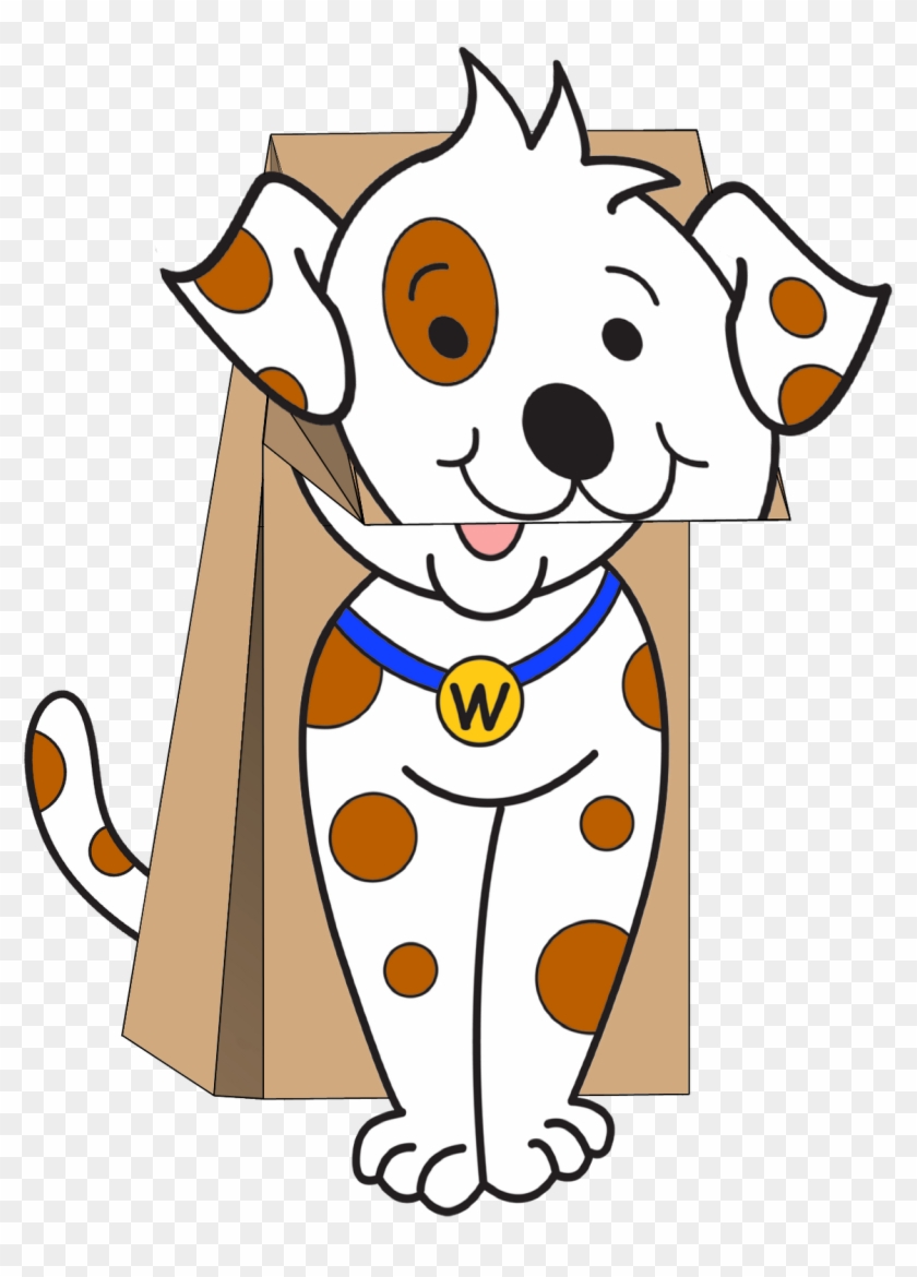A cheerful cartoon spotted dog wearing a blue collar with a 'W' tag, peeking out of a brown paper bag.