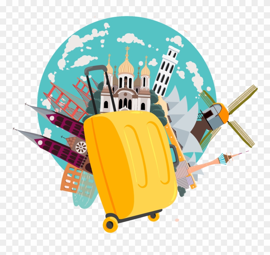 Yellow suitcase surrounded by global landmarks including Eiffel Tower, windmill, cathedral, and Sydney Opera House.