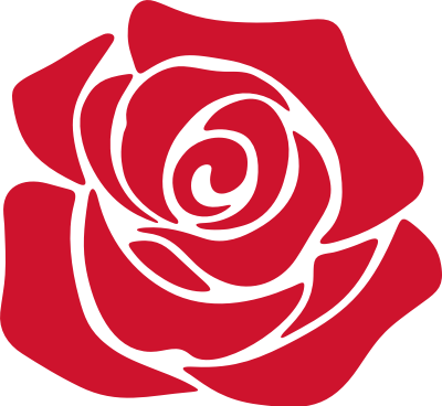 A stylized red rose with bold black outlines and layered petals, symbolizing love and passion.