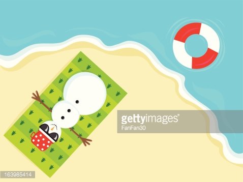 A snowman wearing sunglasses and a red polka-dot swimsuit lies on a green towel at the beach, with a lifebuoy floating nearby.