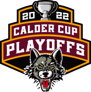 Calder Cup Playoffs 2022 logo featuring a snarling wolf mascot and trophy emblem.
