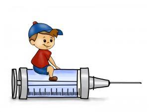 Cartoon boy in red shirt and blue cap sitting atop a large syringe, smiling.
