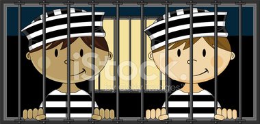 Two cartoon prisoners in striped uniforms behind jail bars, smiling.