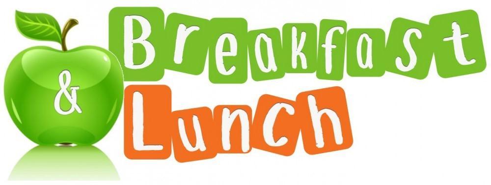 Green apple with leaf next to playful "Breakfast & Lunch" text in green and orange blocks.