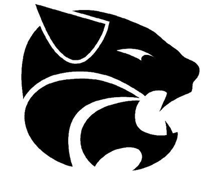 Stylized black-and-white panther head logo with sharp features and roaring expression.