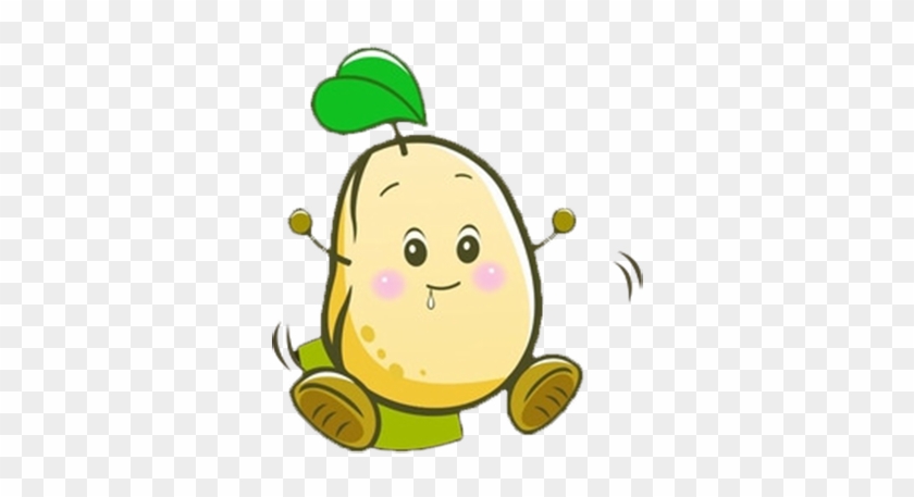 Cute cartoon potato character with green leaf hat, blushing cheeks, and cheerful expression.