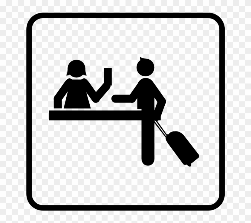 Icon showing a traveler with suitcase checking in at a counter with staff assistance.