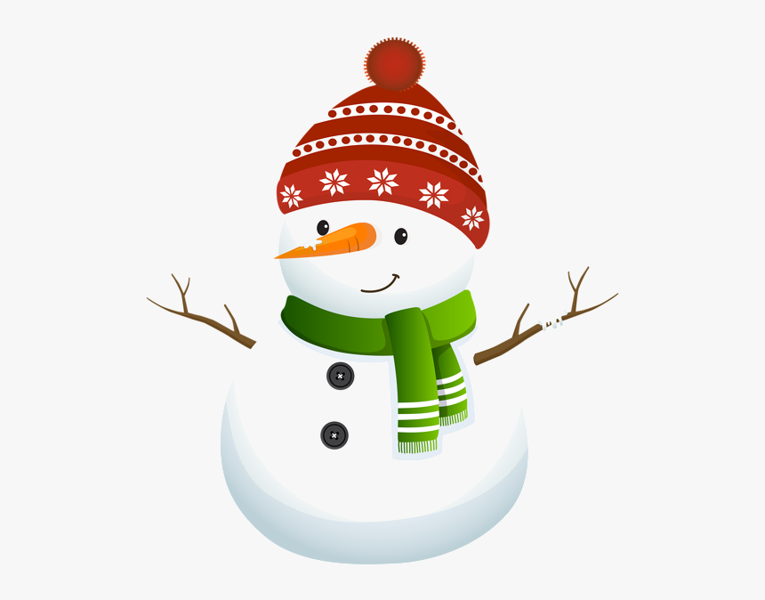 Cheerful cartoon snowman wearing red patterned hat, green scarf, and carrot nose with stick arms.