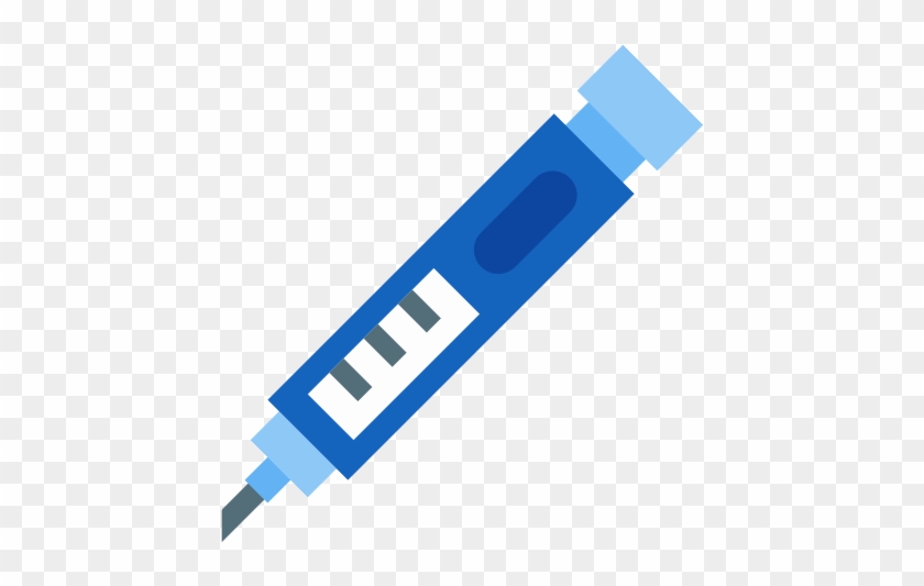 Blue medical syringe with plunger and needle on transparent background, flat vector illustration.