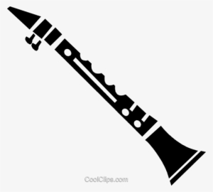 Black silhouette of a clarinet with keys and bell, angled diagonally on white background.