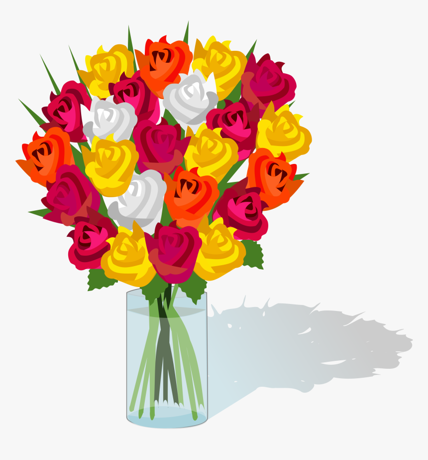 Vibrant bouquet of red, yellow, orange, pink, and white roses in a clear glass vase with green stems and leaves.