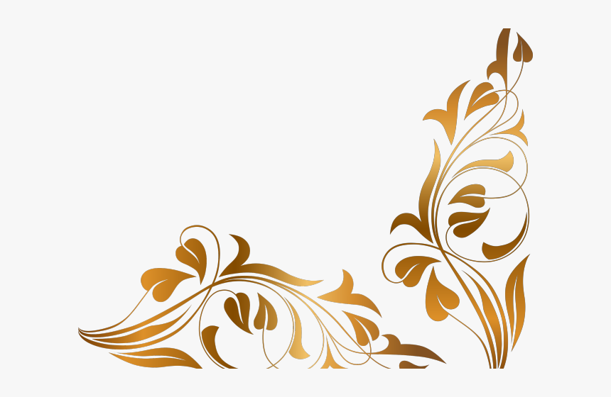 Elegant golden floral corner ornament with swirling vines and leaves on white background.