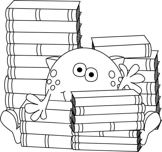 A cartoon monster with big eyes and spots peeks out from a tall stack of books, holding some in its hands.
