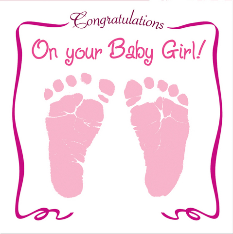 Pink baby footprints with "Congratulations On Your Baby Girl!" text in a decorative frame.