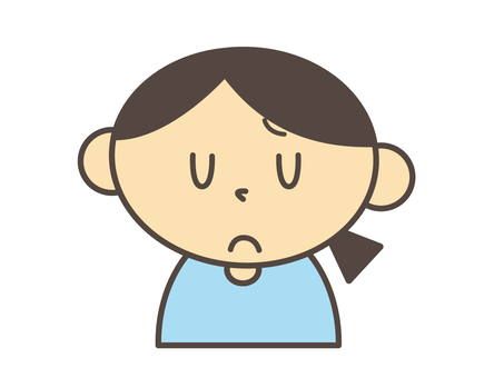A cartoon girl with closed eyes, a worried expression, and a small ponytail, wearing a light blue shirt.