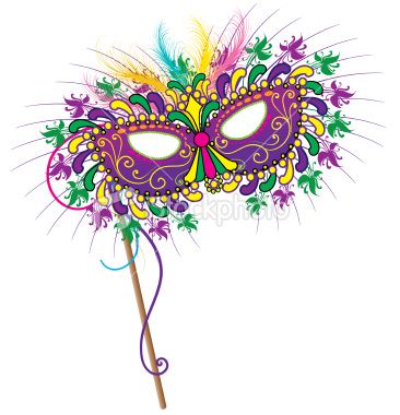 Vibrant purple, green, and gold Mardi Gras mask on a stick, adorned with feathers and ornate swirls.