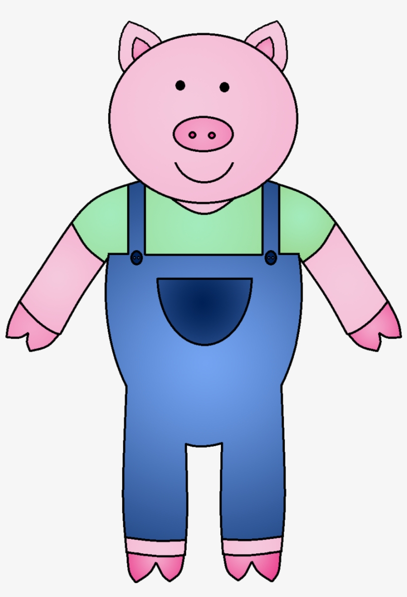 Friendly cartoon pig wearing blue overalls and a green shirt, smiling with pink skin and ears.