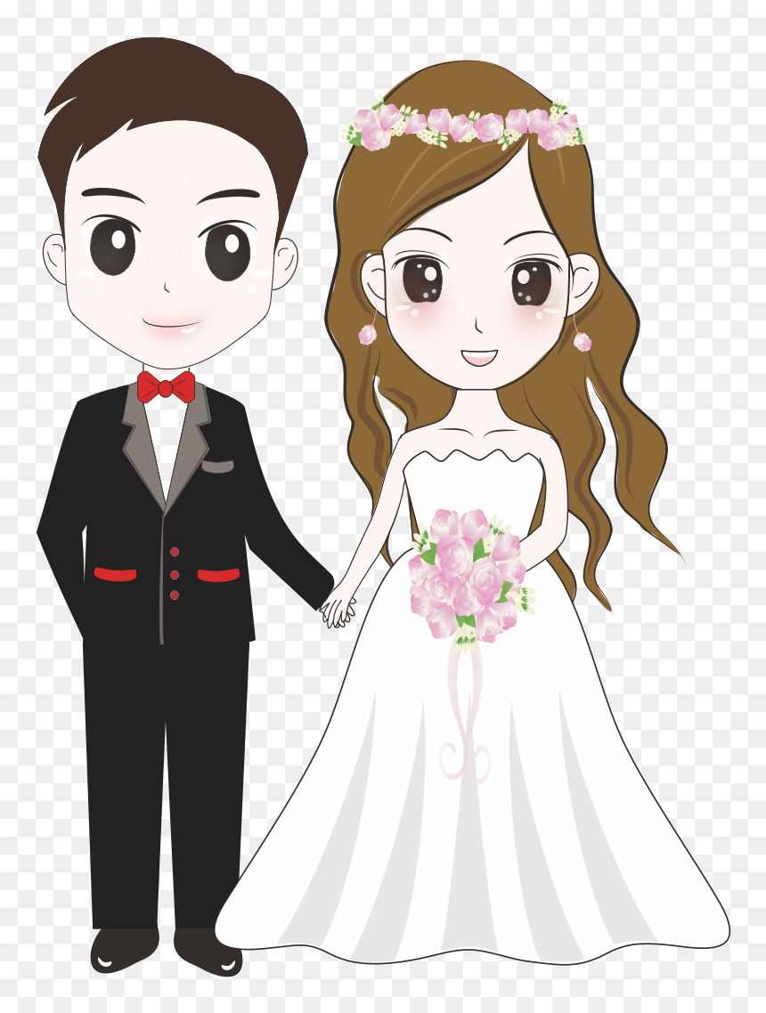 Chibi-style cartoon bride and groom holding hands; bride in white gown with pink bouquet and floral crown, groom in black suit with red bowtie.