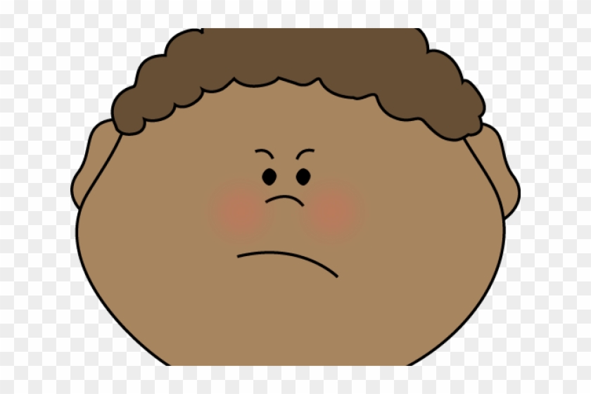 Cartoon boy with curly brown hair and angry expression, rosy cheeks, furrowed brows, downturned mouth.