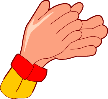 Cartoon illustration of two hands clapping, wearing a red wristband and yellow sleeve.
