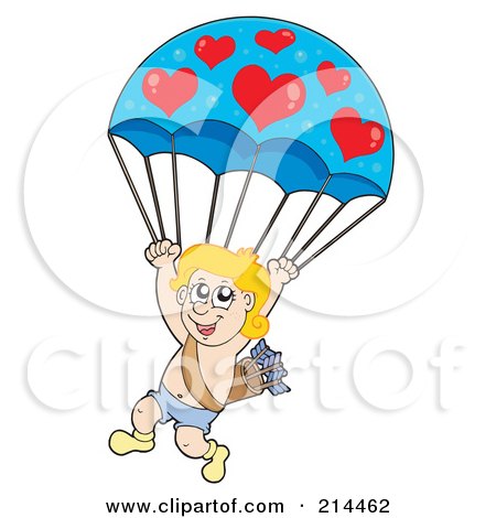 Cheerful cartoon Cupid parachuting with a heart-decorated canopy, holding arrows and smiling.