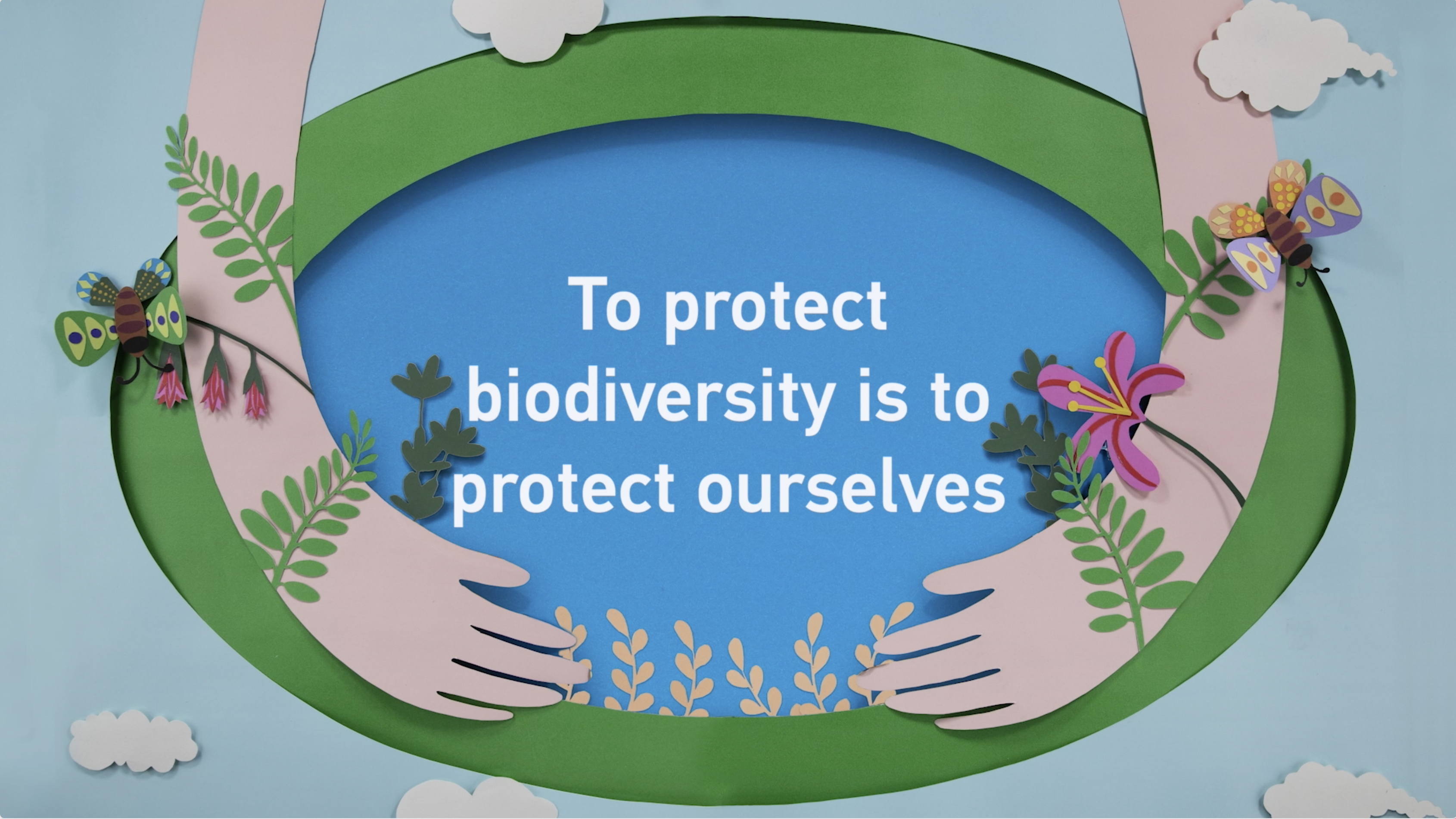 Paper-cut illustration of hands cradling nature with text: "To protect biodiversity is to protect ourselves"