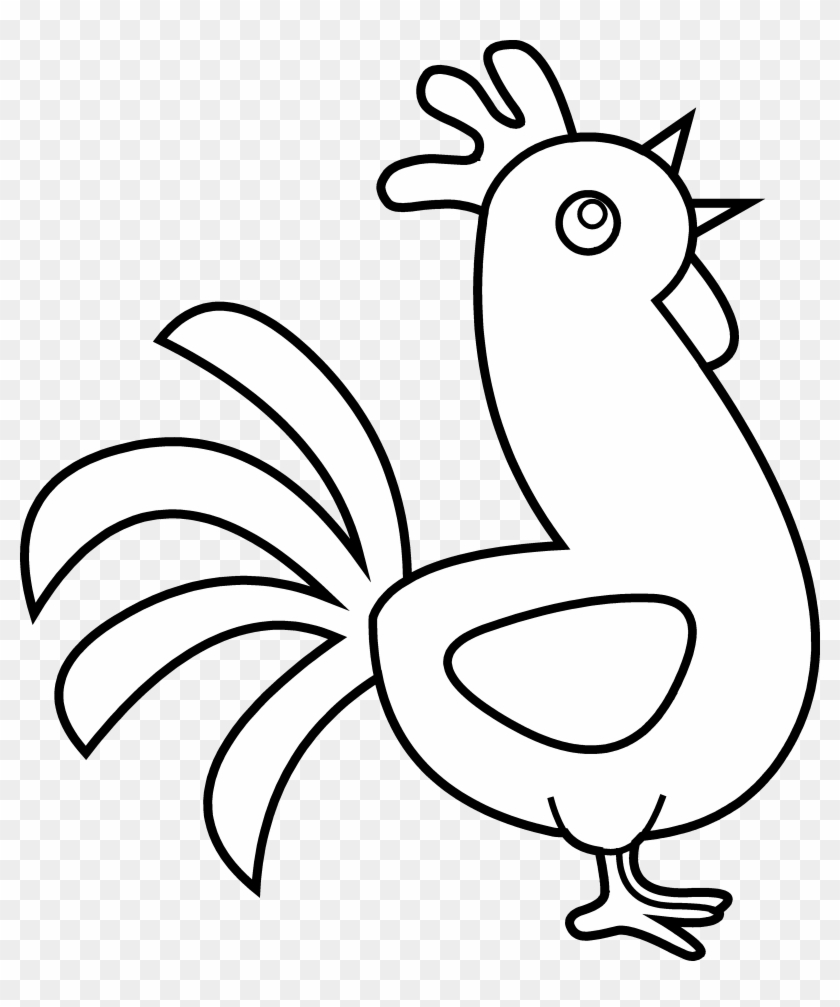 Simple black-and-white line drawing of a cartoon rooster with prominent tail feathers and comb.