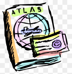Hand-drawn illustration of an open atlas book with a globe, airplane, and travel documents.
