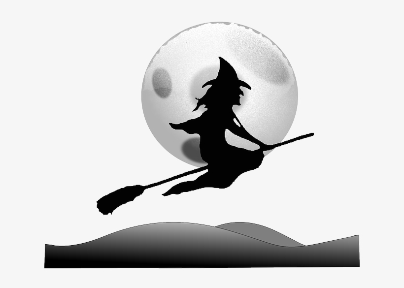 Silhouette of a witch flying on a broomstick against a full moon over rolling hills.