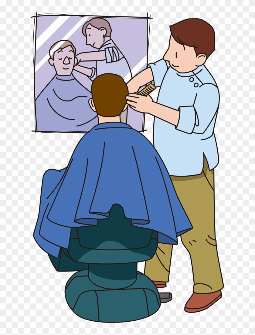 Barber cutting a client's hair in a salon, reflected in mirror, cartoon illustration.