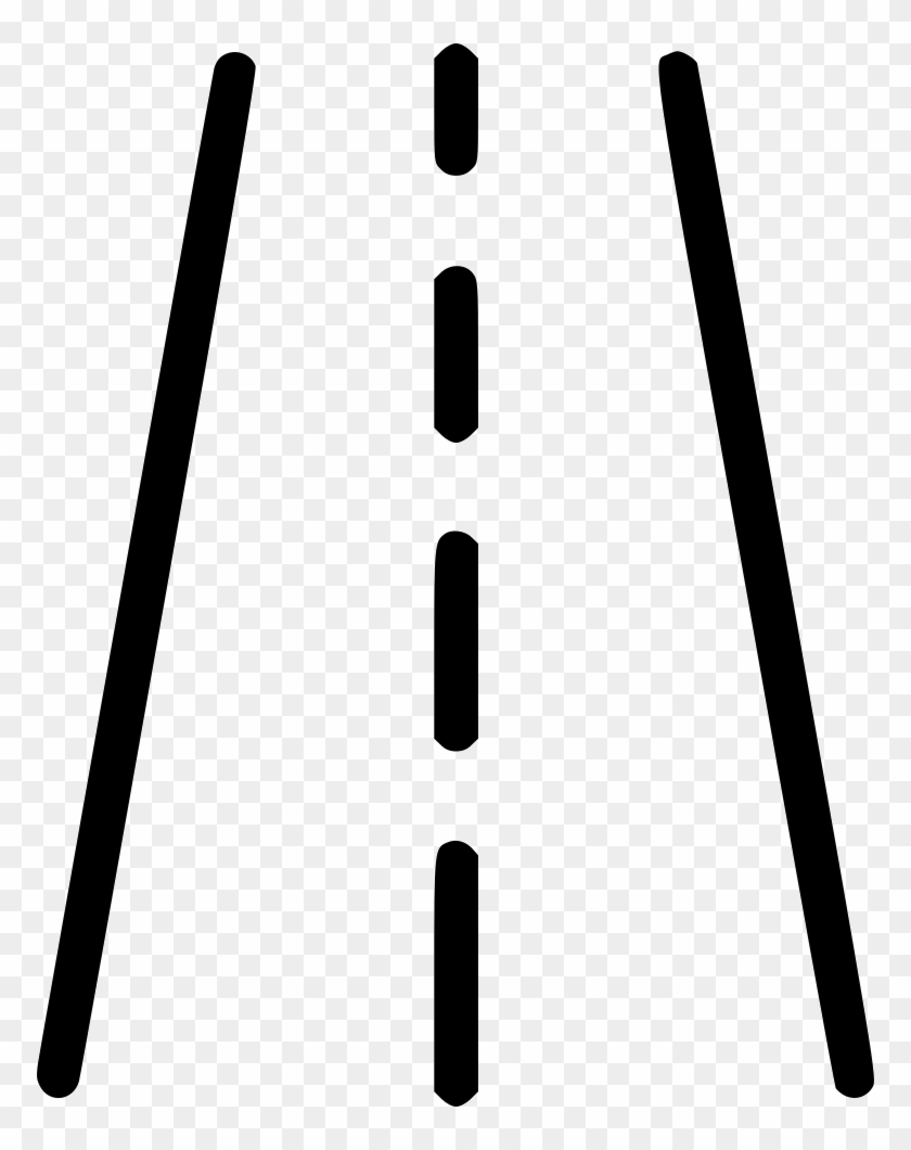 Black road lane markings on transparent background: two solid edge lines and a dashed center line.